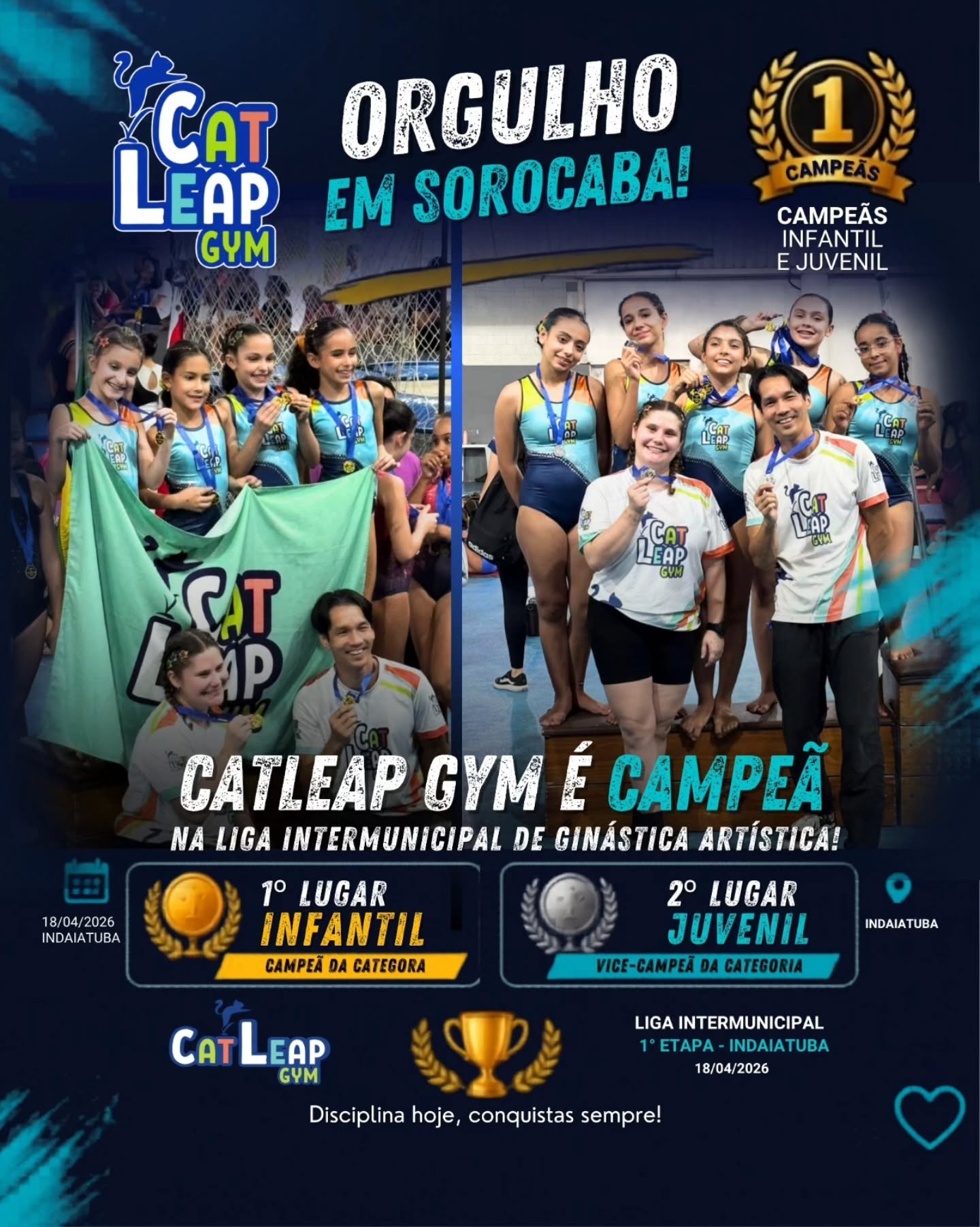 Equipe da CatLeap comemorando com a bandeira oficial e medalhas